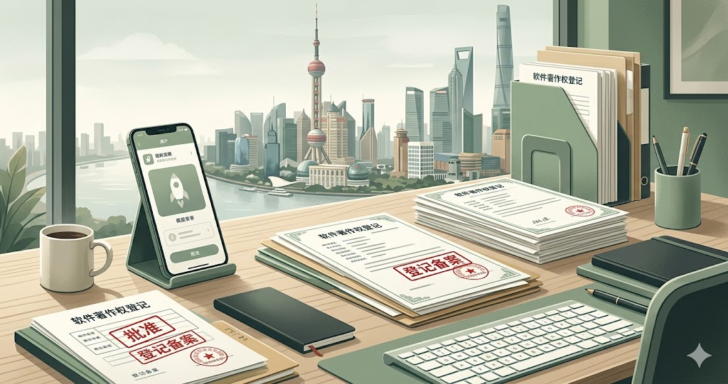 An app development desk with Shanghai skyline and compliance paperwork